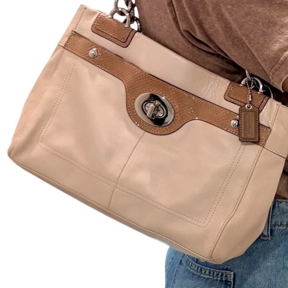 Coach Kristin Leather Satchel Cream Tan Snakeskin Trim shoulder Handbag Turnlock